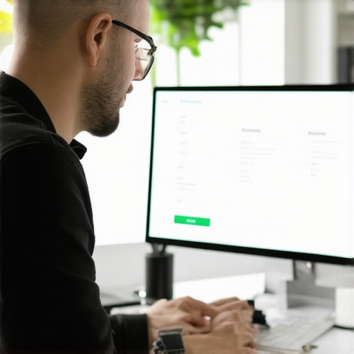 Digital Marketer Analyzing Backlink Profiles A person analyzing backlinks and SEO metrics on a laptop in an office environment.