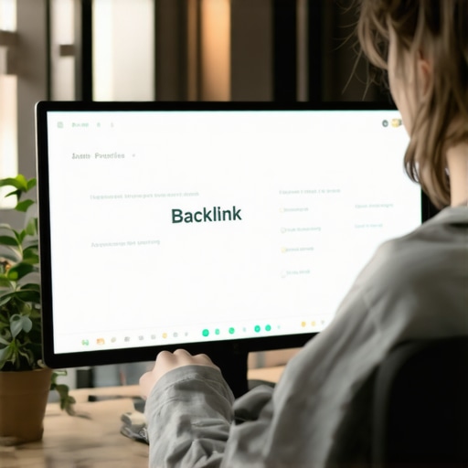 Person reviewing backlink and citation data on SEO software in a professional office.