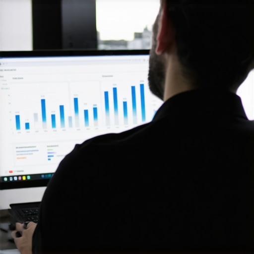 Business owner analyzing backlinks and SEO metrics for local authority building.