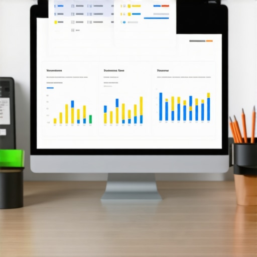 A workspace with SEO analytics dashboards, backlink graphs, citation management tools, and a laptop.