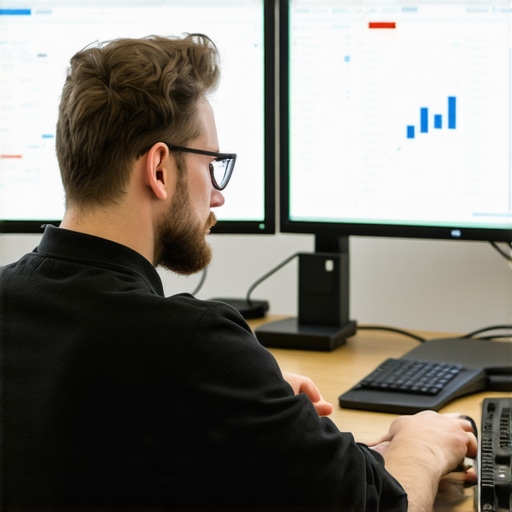 Person analyzing backlink profiles on computers with SEO dashboards.