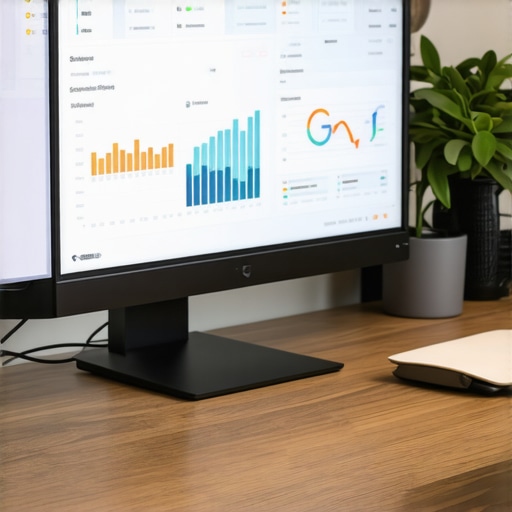 Modern SEO Workspace with Analytics Tools Computer monitor displaying SEO analytics, backlinks, citations, and rankings.