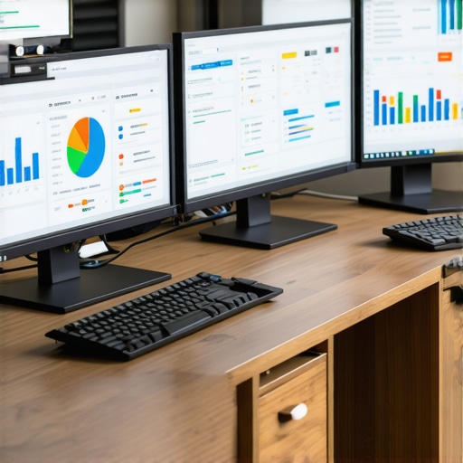 A computer workspace setup with SEO analytics and backlink profile dashboards.
