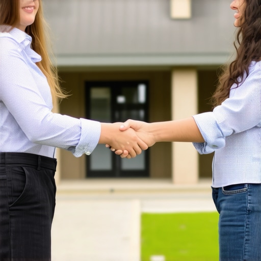 Business owner and librarian shaking hands in front of a library, representing partnership for local SEO
