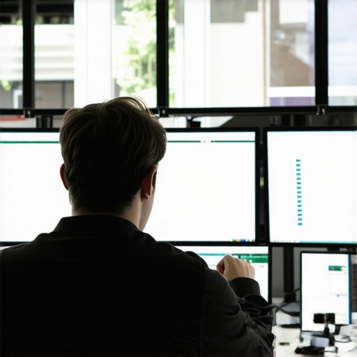 Digital Marketer Managing Backlink Profiles A person reviewing SEO metrics and backlink data on dual screens