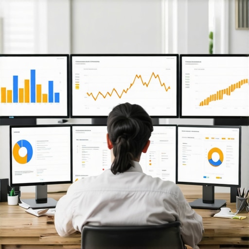 A professional reviewing SEO analytics on digital screens, tracking backlinks and rankings