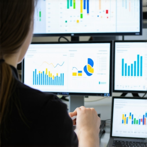 A person analyzing backlinks on multiple monitors to maintain local SEO authority.