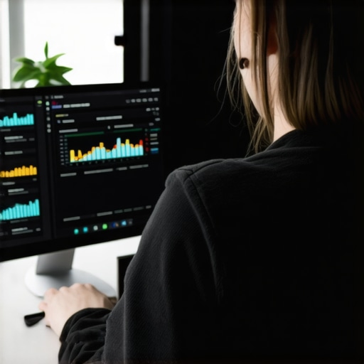 Person reviewing SEO backlink data on a computer screen in an office