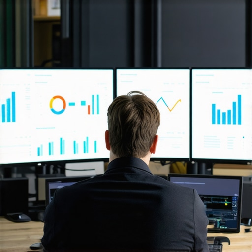 Digital Marketer Reviewing SEO Data Person analyzing SEO dashboards with backlink metrics on multiple screens.