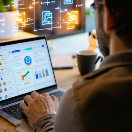 A person analyzing local SEO metrics and constructing backlinks on a laptop with icons representing authority and connectivity.