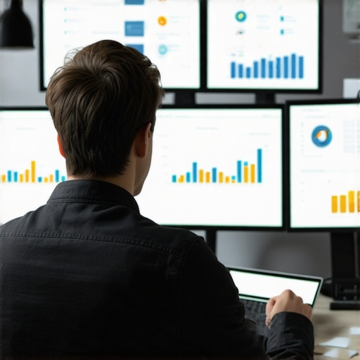 An expert in digital marketing reviewing backlink and SEO analytics on multiple screens, emphasizing continuous improvement.