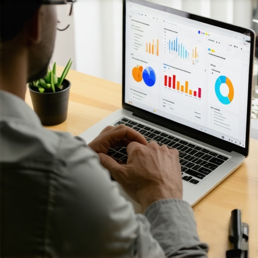 Person analyzing local SEO data on a laptop with analytical dashboards