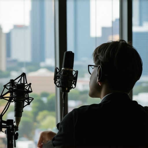 Host recording an interview in a city-themed podcast studio