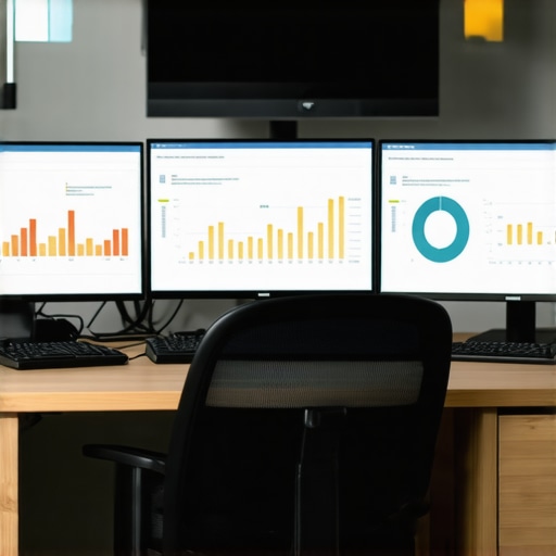 A modern work environment showing screens with backlink analysis and data sync tools for local SEO