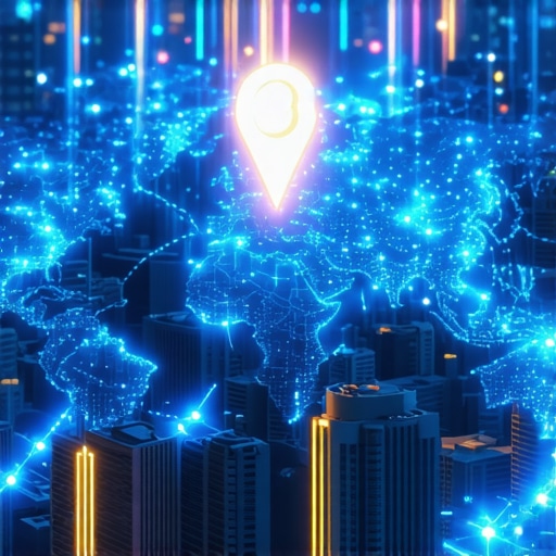A conceptual 3D map showing how digital nodes and cloud stacks connect to a local business map pin.