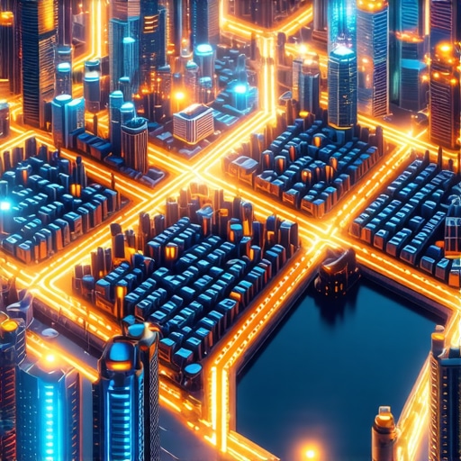 A 3D city map showing interconnected cloud nodes and ranking grids for local SEO maintenance.