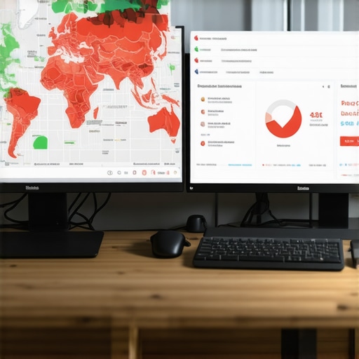 A dual-monitor display showing local SEO heatmap rankings and authority stack node health tracking.