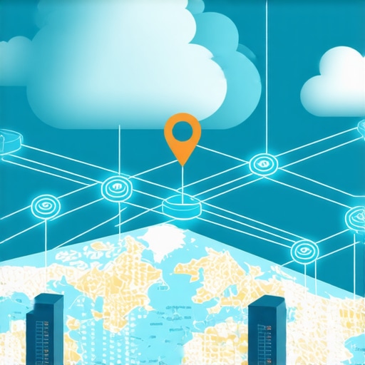 Visual representation of a multi-cloud entity stack connected to a local map pin showing technical interlinking architecture.