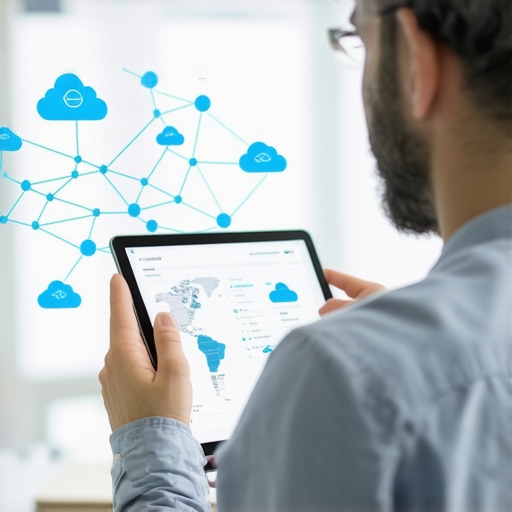 A digital screen showing a map of interconnected cloud storage nodes mapped to physical business coordinates for local SEO