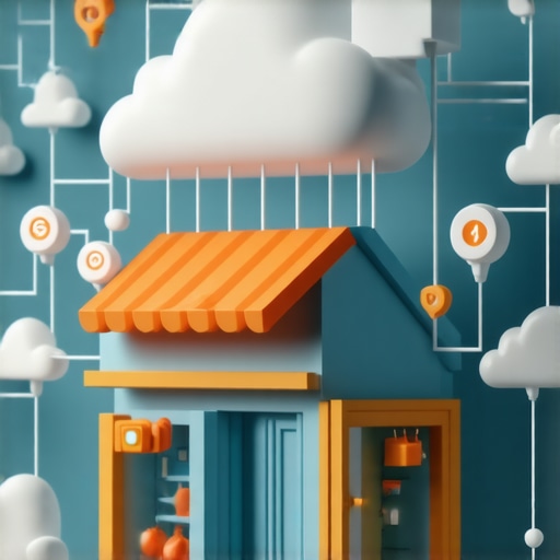 A 3D visualization of digital authority stacking and local SEO nodes connecting to a shop.