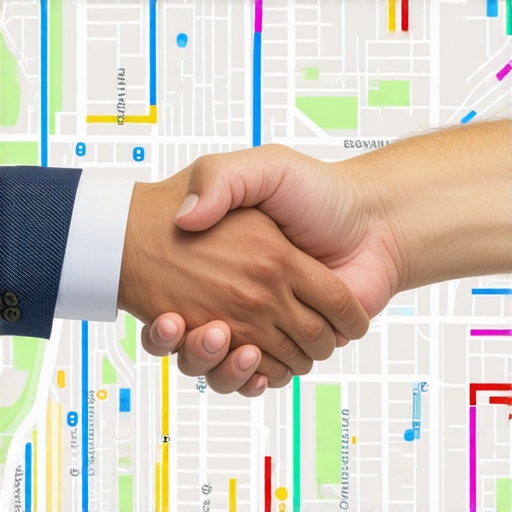 A local business owner and community leader shaking hands in front of a neighborhood map illustrating local backlinks.