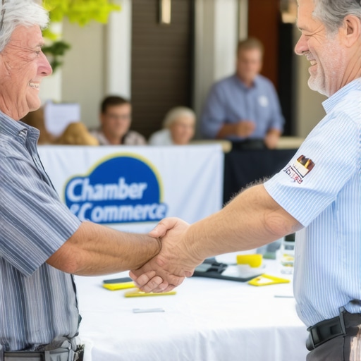 Local business owner networking at a community event to build authority.