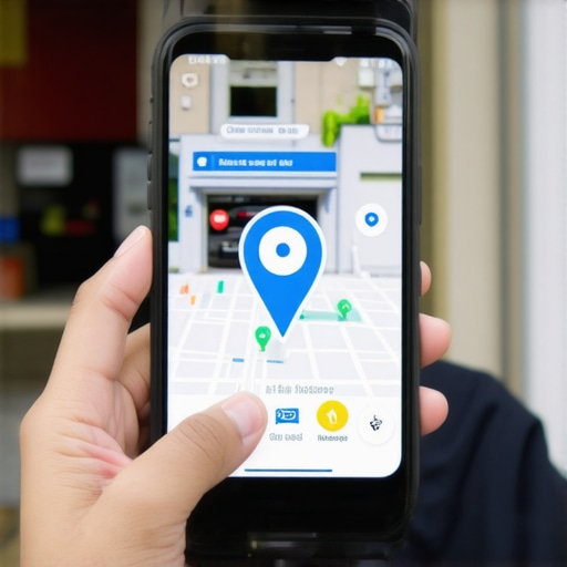Capturing Local SEO Signals with Smartphone Photography A smartphone capturing a local business photo with a digital map pin overlay signifying geo-tagging and local authority.