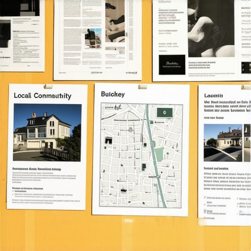 Community Bulletin Board for Local SEO A neighborhood bulletin board showing local business flyers and community resource connections.