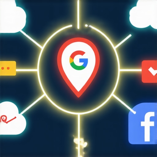 Diagram of a local SEO authority stack connecting cloud nodes to a business map listing.