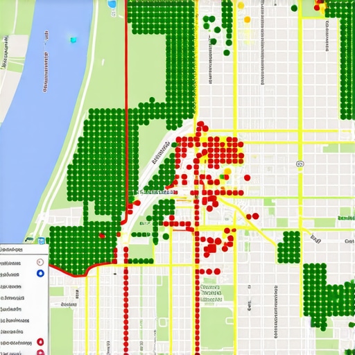 A detailed heatmap showing local SEO ranking positions across a specific geographic area.