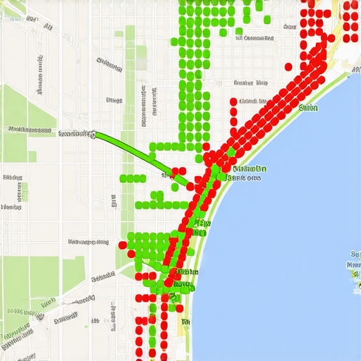 A geo-grid map showing local search rankings across a city
