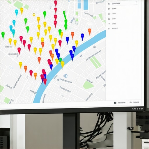 A 3D map grid on a monitor displaying search ranking nodes across various neighborhoods for local SEO tracking.