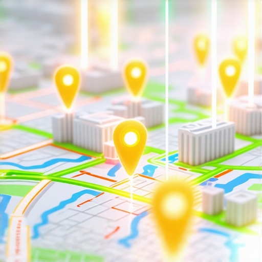 How Local Authority Stacking Interconnects Business Nodes A digital 3D map showing a neighborhood-level authority stack connecting local business pins with light beams.