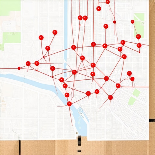 Hyper-local SEO mapping connections A map with pins and string showing local link building connections.