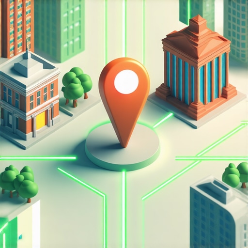 3D illustration of a local business pin connected to neighborhood authority nodes.