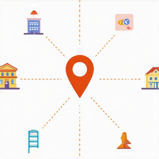 A visual diagram showing how local neighborhood links connect to a central business map pin for SEO authority.