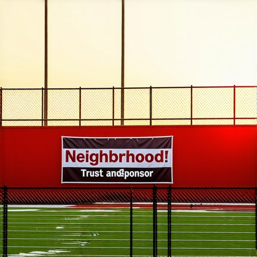 Local High School Sponsorship Backlink Example Local business sponsorship banner at a high school football field showing hyper-local authority building.