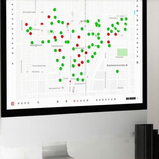 Local Ranking Grid Map Visualization A screen displaying a detailed local SEO ranking grid with green and red performance markers across a city map.