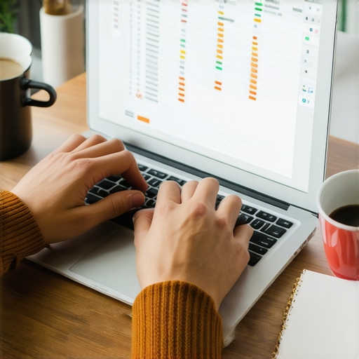 Local SEO Audit and Spreadsheet Cleanup A professional workspace showing a business owner manually auditing local citations on a spreadsheet.