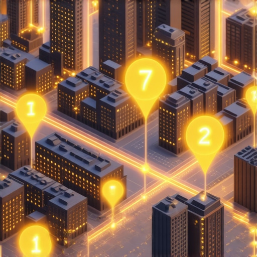 Digital representation of local authority stacking and backlink nodes on a city map.