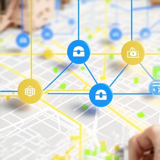 Diagram of a local SEO authority stack showing interconnected digital nodes over a city map
