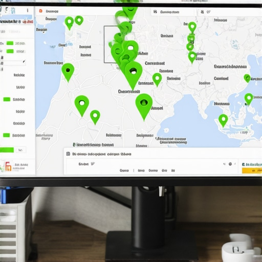 A digital map showing high-ranking green pins in a specific local service area