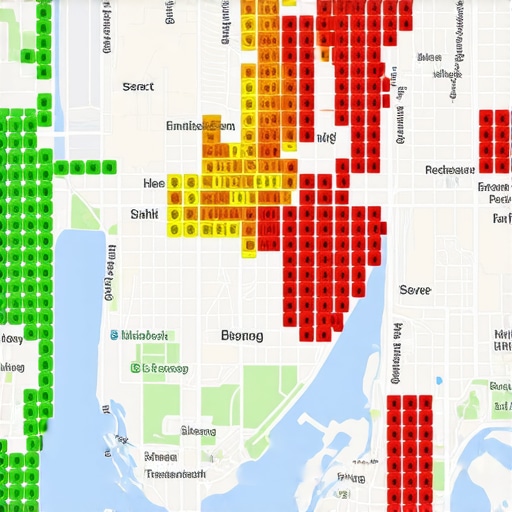 A 3D map of a city showing a grid of ranking positions for a local business.