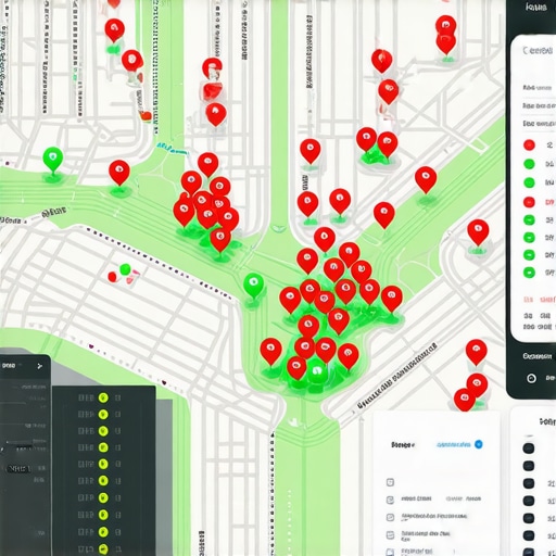 A digital map showing local search ranking positions across a city neighborhood