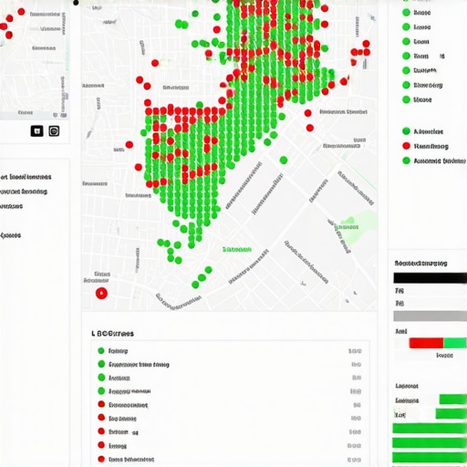 A digital map showing local search ranking positions across different neighborhoods in a city.