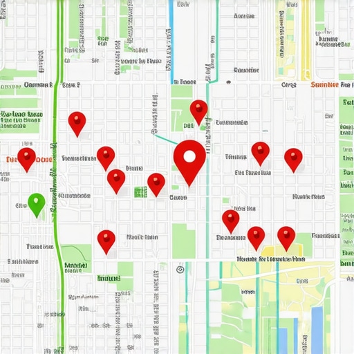 A digital map showing local SEO ranking positions across different neighborhoods using a colored grid system.