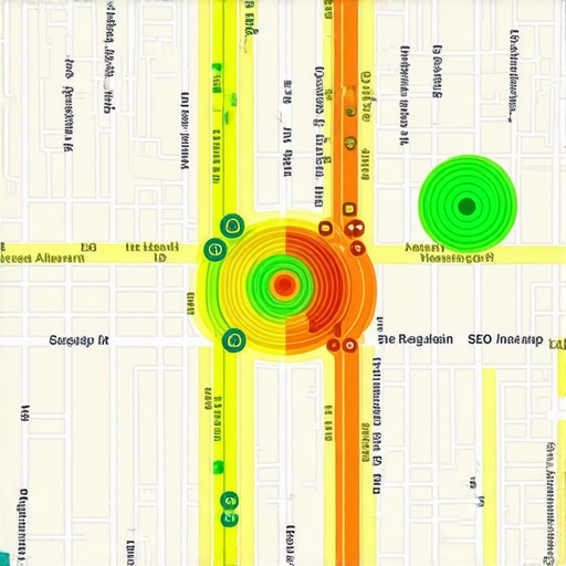 Visual representation of local search ranking proximity and map pin strength across a neighborhood.