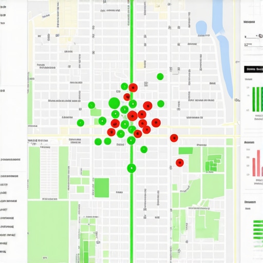 A geographic heatmap showing local search ranking positions across a city grid for a small business.
