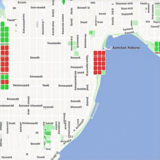 A visual representation of map ranking signals across a specific geographic neighborhood grid.