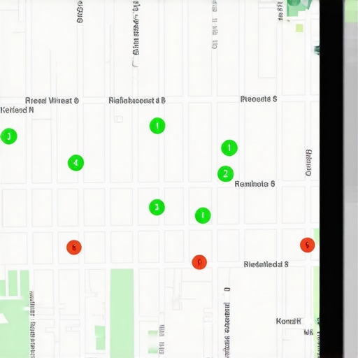 A rank tracking grid showing map prominence and proximity across a city neighborhood.